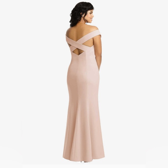 New Dessy OFF THE SHOULDER CRISS CROSS BACK TRUMPET GOWN IN CAMEO Size 12R - Picture 5 of 5